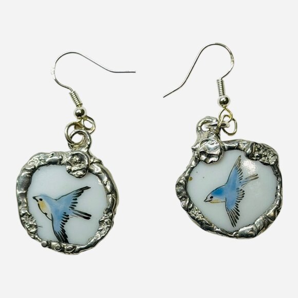 Bluebird Porcelain Earrings Handmade With Recycled China & 925 Silver - Picture 9 of 15